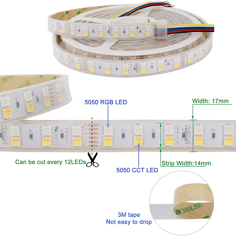 DC24V RGB+CCT Double Row LED Light Strips Color Changing Lighting 16.4ft DC24V RGB+CCT Double Row LED Light Strips Color Changing Lighting 16.4ft